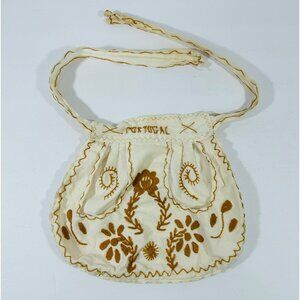 Vintage Handmade Half Apron Portugal Souvenir Child Size Embroidered Cream Brown